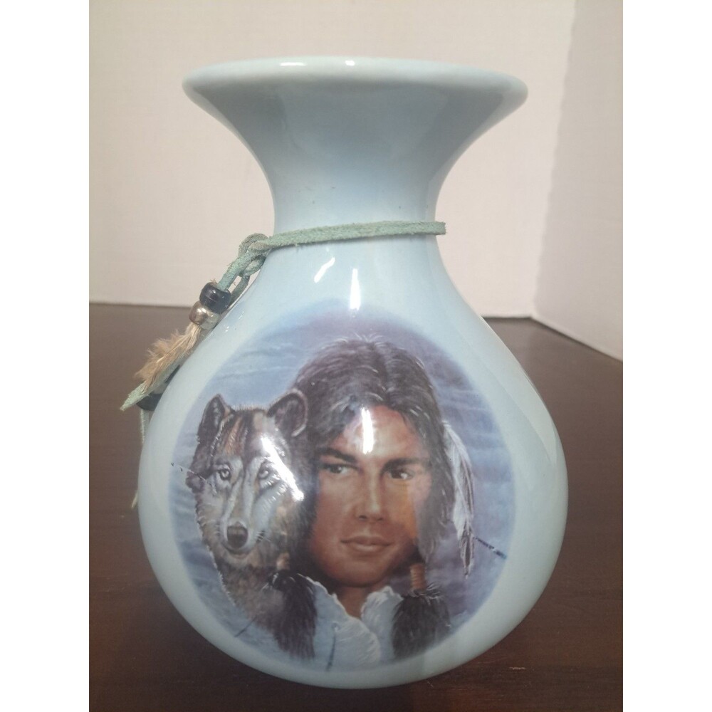 Handpainted Light Blue Native American Ceramic Vase Signed And Numbered